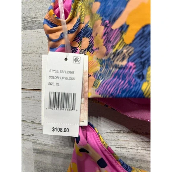 Jessica Simpson Women XL Lip Gloss Pink Abstract One Shoulder Swimsuit NWT - Picture 3 of 4